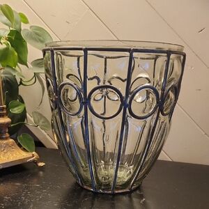Large Caged Blown  Glass Vase / Bowl in Metal Cage